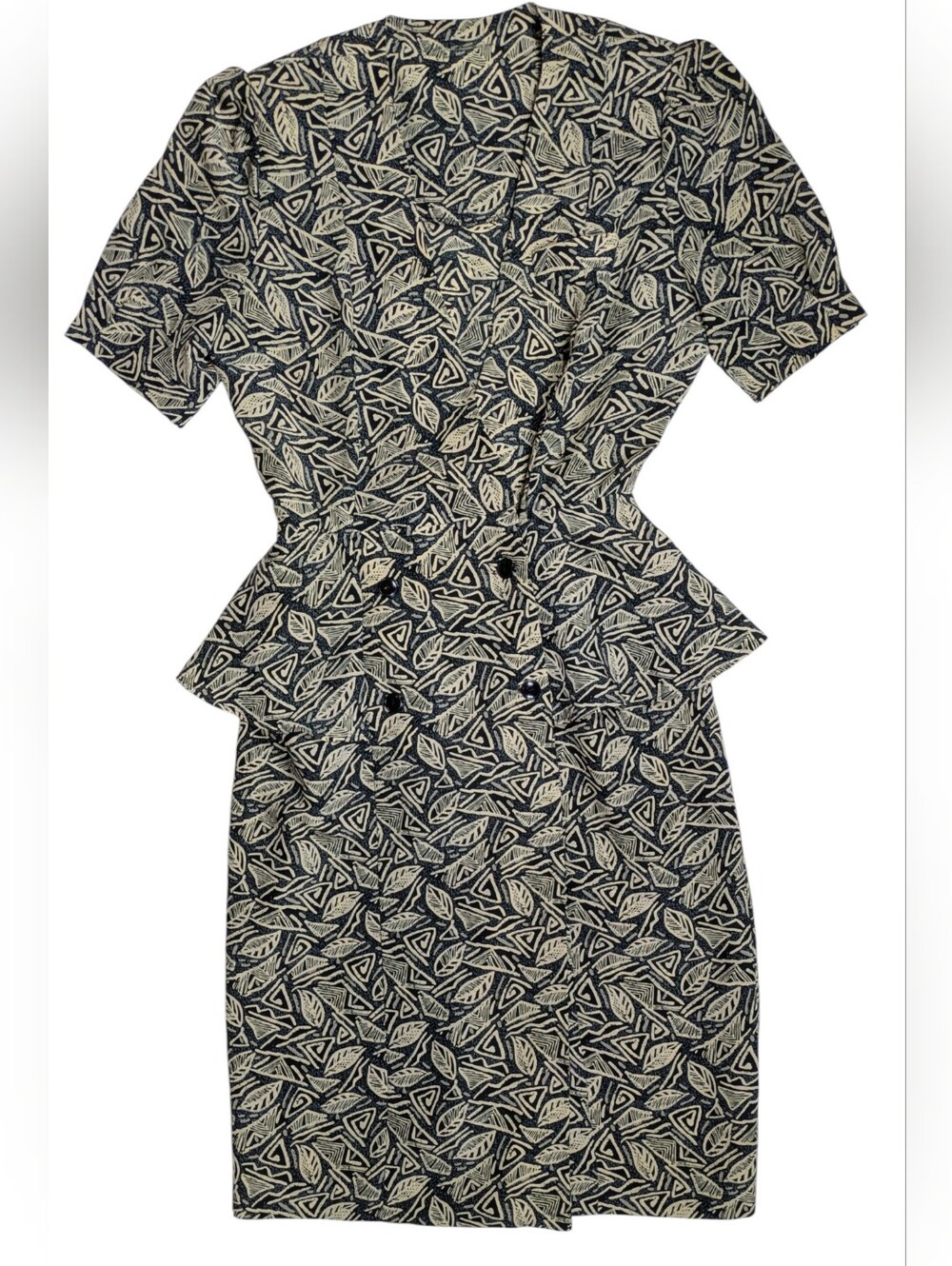 80s Women's Navy and Cream Patterned Peplum Dress Size Large